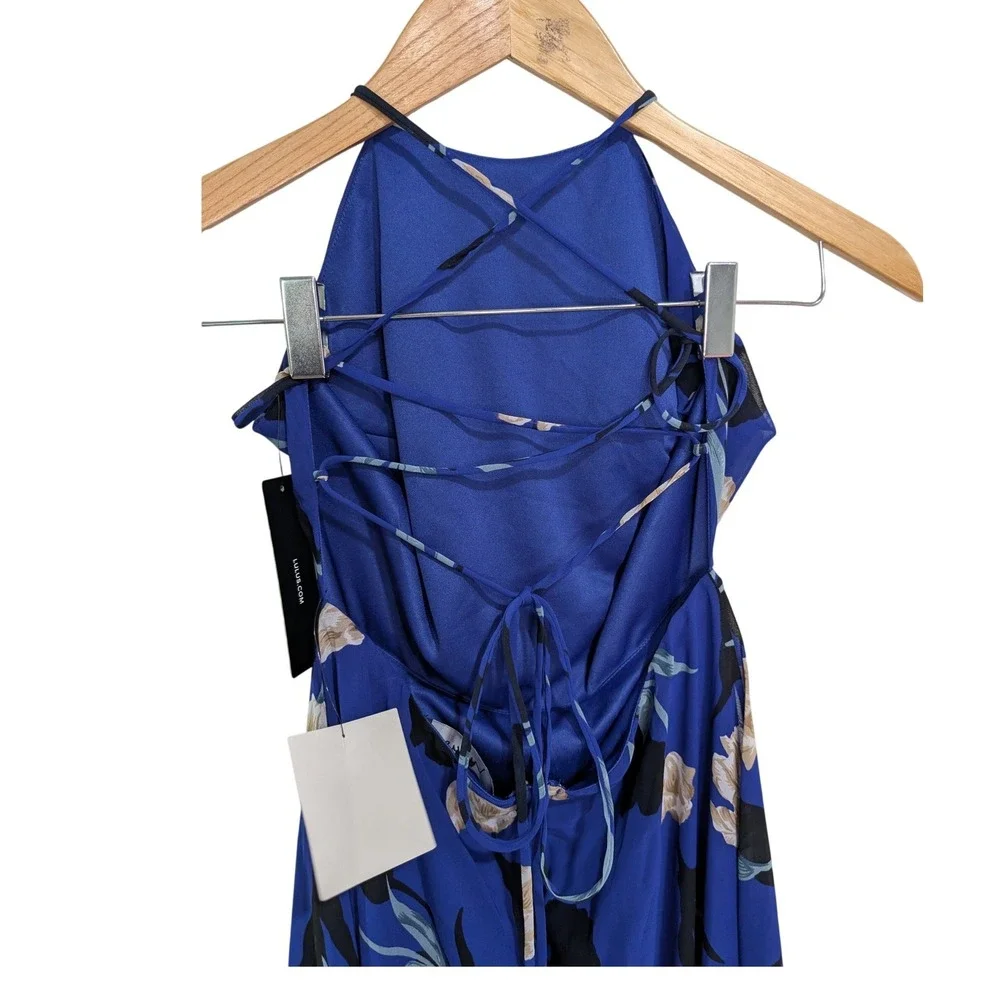 NWT Lulus Maxi Dress Blue Floral Halter Lace Up Back - S